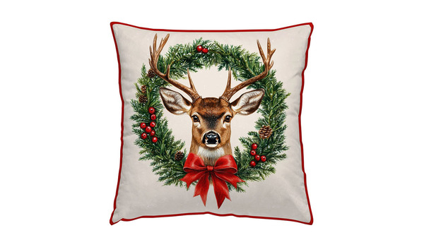 Dekokissen mit Füllung Hirsch mit Kranz und Paspel